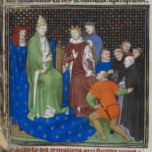 Cotton Nero E II pt2 fol.100v フィリップ 4 世 (1268-1314) と教皇クレメンス 5 世 (c.1260-1320) の前のテンプル騎士団、「Grandes Chroniques de France」 (ベラム) より 作： French School