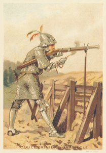 15世紀のクレヴリーニェ（徒歩または馬に乗った戦争の男、手に蛇の武器を持つ 作： French School