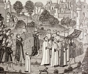 セント・ベロニカの遺体を背負ったレニエ伯爵、ポール・ラクロワの 『中世の軍事と宗教生活』から、モンスの聖ウォードル教会まで、ロンドンc.1880を出版 作： French School