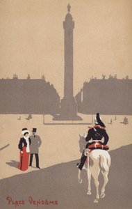 フランス、パリのヴァンドーム広場で騎馬兵を見るカップル（カラーリトグラフ） 作： French School