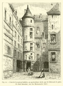 14世紀に人の肉から作られたパスタの製造業者、rue des Marmousets、1850年に居住した家の中庭 作： French School