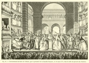 1778年3月30日、フランスのコメディのスタッフによるチュイルリーのパフォーマンスホールでのヴォルテールの胸像の戴冠式 作： French School