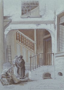 中庭と侯爵夫人の研究室、28 rue de Bievre、パリ（チョーク＆ガッシュ紙） 作： French School