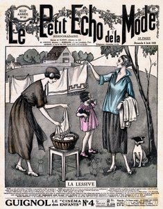 新聞の表紙 "" Le petit echo de la mode "" la detergent - 少女と犬を連れた2人の女性が、外の糸で乾かしたリネンを広げる、8月8日のn°32 作： French School