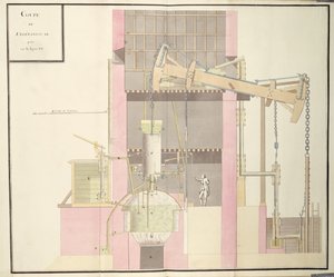鉱山から水を抽出するための蒸気機械の断面、1760年頃（ペンとインク、紙にトイレ）