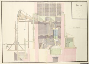 鉱山から水を上げるための蒸気機械の断面、c.1760（紙にペンとインクとトイレ）