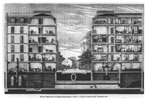 パリのFaubourg Saint-Antoineの工業用住宅の断面図、Le Magasin Pittoresque、1885年の図 作： French School