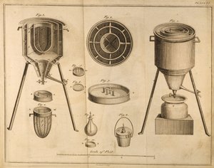 D.Lizarsによって刻まれたアントワーヌ・ローラン・ド・ラヴォワジエ（1743-94）によるThe Elements of Chemistryの科学機器の断面図、1796年