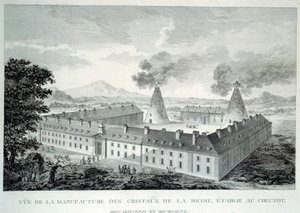 ブルゴーニュ地方のモンセニ近くのクルーゾーにある王妃マリー・アントワネットのクリスタル作品。1787年のエングレーヴィング。ル・クルーゾー、エコミューゼ 作： French School