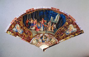 貴族の結婚式を描いたヴェルニ・マルタン風手扇の破損品、スワン・レザーにペインテッド・アイボリーのガードスティック、高さ20.5cm 作： French School