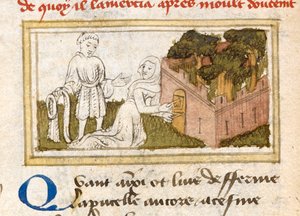 「ル・ロマン・ド・ラ・ローズ」より、喜びの庭のドアから恋人を認めるオワーズ夫人 c. 1400。 作： French School