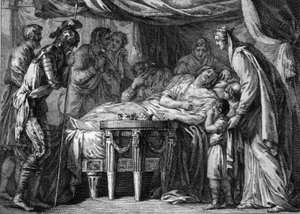 Neustria、Orleans、Burgundyの王、Childebert II (570-596)が毒殺されて死去。596.18世紀のエングレーヴィング。 作： French School