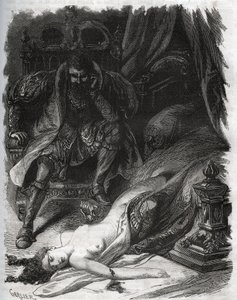 シャトーブリアン伯爵夫人フランソワーズ・ド・フォワ（1495年頃～1537年）の死。夫のジャン・ド・ラヴァル シャトーブリアン伯爵（1486年～1543年）に暗殺されたもので、彼は妻の不貞に復讐したのです。Histoire Des」に掲載されている1871年のエングレーヴィング。 作： French School