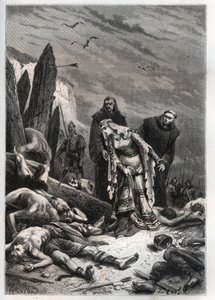 1066年のヘイスティングスの戦いにおけるハロルド2世（1022-1066）の死-エディス・ラ・ジュスト（1025-1086）として知られるエディス・スワンネシャ（スワンネック）が夫の遺体を発見-エアルドギース（公正なエディスまたはエディス・スワンネシャル）がハロルド・ゴドウィの遺体を発見 作： French School