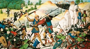 シャルルマーニュのアルマとサラセン人との間で行われたロンセスヴォーの戦い（778年）における、シャルルマーニュの甥である騎士ローランの死。14世紀のミニチュア。