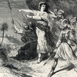 Débora lidera o povo de Israel oprimido por Jabim, o rei de Canaã, para lutar. Gravura da 