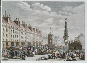 1791年9月、憲法宣言、パリ、イノセント広場、パリ（カラー彫刻） 作： French School