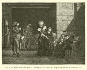 1793年8月2日、女王のコンシェルジュリーへの出発。ブイヨンの彫刻後、1795年 作： French School
