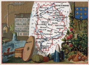 セーヌ＝エ＝マルヌ県（Seine-Et-Marne, 77）、イル・ド・フランス（Ile-De-France）、フランス。特産品：ノワジエ・シュル・マルヌ（Noisiel-sur-Marne）のチョコレート工場Menier chocolaterie、ガラス製品、石臼。フランスのデパートメントに関するシリーズ。クロモリト