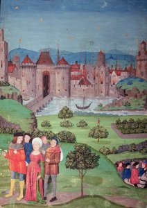 軍隊の出発、1225 年から 1400 年までのヨーロッパの歴史を詳述するジャン ド フロワサール (c.1333-1404) の作品のコピーである写本「Chroniques de France」のシーン