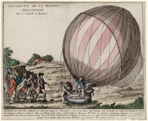 Srs.Aerostatic Machineの下降。チャールズとロバート、パブ1783年（手彩色のエングレービング 作： French School