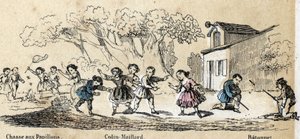 子供の余暇活動とゲームの説明：屋外ゲーム、蝶狩り、キッケルと棒。ジュール・デルブリュックによる「教訓的な娯楽」の中の「子供の遊び」の図版、1860年の彫刻。個人蔵 作： French School