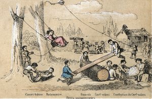 子供の余暇活動やゲームの説明：屋外ゲーム、短い棒、ブランコ、ロッキング（お尻を叩く）、カイト（凧）作り。les Recreations instructives "の中のプレート "les jeux de l