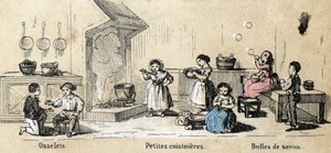 子供たちの余暇と遊びの描写：室内ゲーム、オスプレイ、料理をする少女たち、シャボン玉。ジュール・デルブリュックが描いた「教訓的娯楽」の中の「子供の遊び」の図版、1860年のエングレーヴィング。プライベート・コレクション 作： French School