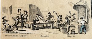 子供たちの余暇と遊びの描写：少年たちが大人のメティエ（彫刻家、鍛冶屋、大工）を学ぶ様子。ジュール・デルブリュック（Jules DELBRUCK）が描いた悲観的な絵画、1860年のエングレーヴィング「教訓的な娯楽」の中の「子供の遊び」。プライヴェート 作： French School