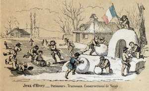 子供たちのレジャーと遊びの説明：冬のゲーム、スケート、そり、雪の建設。ジュール・デルブリュックによる「教訓的な娯楽」の中の「子供の遊び」の図、1860年の彫刻。個人蔵。 作： French School