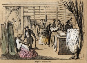 文化とシルク製品の説明：シルクショップ。ジュール・デルブリュックによる悲観的な絵画、1860年のエングレーヴィング、"les Recreations instructives "のプレート "la soie"。個人蔵。 作： French School