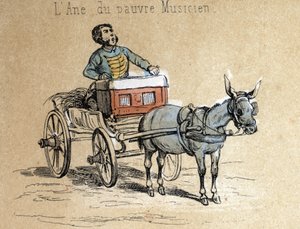 ロバの様々な製品や用途についての説明：この動物は旅の音楽家に同行しています。 ジュール・デルブリュックによる共観的な絵画、1860年のエングレーヴィング、"The instructive Recreations "の "The donkey and its products "というボードの詳細。プライベート 作： French School