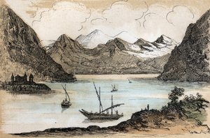 地理による風景やレリーフの種類の説明：レマン湖を描いたディテール。les Recreations instructives" の "Physical Geography" プレート ジュール・デルブリュックの共観的絵画、1860年のエングレーヴィング。個人蔵 作： French School