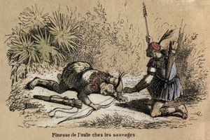 五感の説明：聴覚の詳細、先住民の方が聴覚が発達していて良いようです。ジュール・デルブリュックが描いた悲観的な絵画、1860年のエングレーヴィング「教訓的な娯楽」の中の「五感」の図。個人蔵