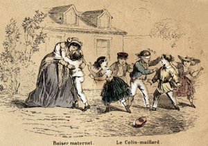 五感の説明：触覚、母性接触のために子供を抱きしめる母親、コリン・アイラードのゲーム。ジュール・デルブリュックが描いた悲観的な絵画、1860年のエングレーヴィング「教訓的な娯楽」の中の「五感」の図。プライベート