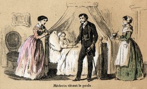 五感の説明：触覚、病気の少女の脈を叩く医者。ジュール・デルブリュックが描いた悲観的な絵画、1860年のエングレーヴィング、"Les Recreations instructives "のプレート "Les cinq sens"。個人蔵。