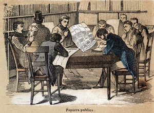 紙の様々な製品や用途の説明：パブリックペーパー（新聞）を読むこと。ジュール・デルブリュックによる「教訓的娯楽」の悲観的絵画の中の「紙とその生産物」のプレート、1860年のエングレーヴィング。個人蔵。 作： French School