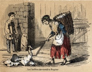 紙の様々な製品や用途についての説明：紙の元となる古い布切れの収集。Les Recreations instructives "の "Le papier et ses produits "のプレート ジュール・デルブリュックの悲観的な絵画、1860年のエングレーヴィング。プライベート 作： French School