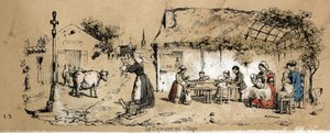 牛の様々な製品や用途の説明：村の日常生活の一場面。ジュール・デルブリュックが描いた悲観的な絵画、1860年のエングレーヴィング「教訓的な娯楽」の中の「牛とその生産物」。個人蔵。 作： French School
