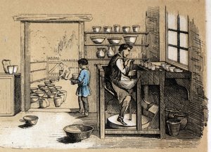 粘土の様々な製造工程と用途の説明：順番に作業する陶工。Les Recreations instructives "の "The clay and its products "のプレート ジュール・デルブリュックの共観図、1860年のエングレーヴィング。個人蔵。 作： French School