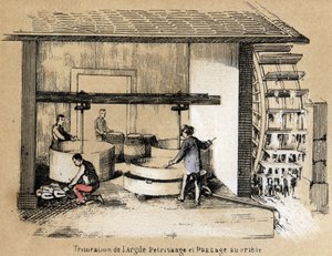 粘土の製造と使用の様々な段階の説明：粘土の粉砕、皮むき、選別。Les Recreations instructives "の "The clay and its products "の図版 ジュール・デルブリュック（Jules DELBRUCK）の共観図、1860年の彫刻。個人蔵 作： French School