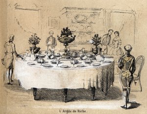 粘土の様々な製造段階と用途の説明：豊かなインテリアでの粘土の使用、磁器の食器を使ったテーブル。Les Recreations instructives "の "The clay and its products "のプレート ジュール・デルブリュックによる共観的絵画、エングレービング 作： French School