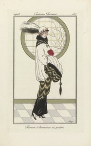 エルミンヌとポレキャットのアンサンブルのデザイン、『Costumes Parisien』1913年刊より（ポショワール版画） 作： French School