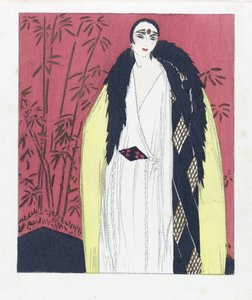 毛皮の縁取りケープ付きイブニング・ドレスのデザイン、pub.1924年（ポショワールプリント）