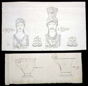 金銅製オルモル家具用マウントとフランス帝国磁器カップのデザイン 1820年頃（紙にペンとインク） 作： French School
