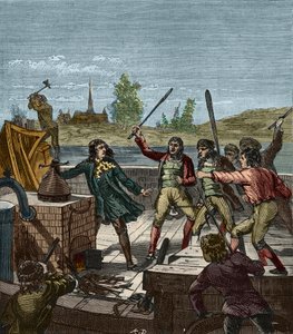 パパンの蒸気船の破壊 - 1707年にミュエンデンの船頭たちによって破壊された彼のパドル蒸気船を見るドニ・パパン（1647-1712） - ドニ・パパン（1647-1712）の蒸気船を破壊するミュエンデンの船頭たち - 「科学はすべての人の手の届くところにある」のエングレーヴィング