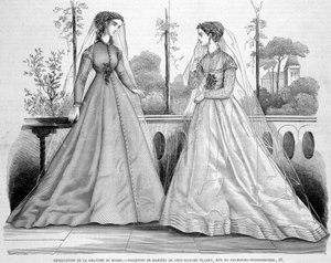 1867年9月29日の「La Mode illustrée」に掲載されたマダム・フラドリーのブライドル・ガウン2着。 作： French School