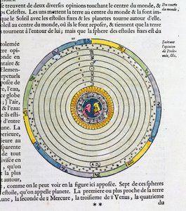 プトレマイオス（fl.127-145 AD）によると、宇宙の中心にある地球を示す図 作： French School