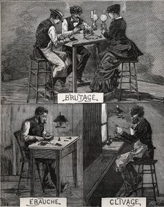 ダイヤモンドのカット、サウンド、ラフ、劈開。Adolphe BITARDの "Les arts et metiers illustres "に掲載された1885年のエングレーヴィング。 作： French School