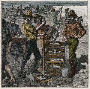 19世紀の南アフリカでのダイヤモンド洗浄。Adolphe BITARDの "Les arts et metiers illustres "に掲載された1885年のエングレーヴィング。